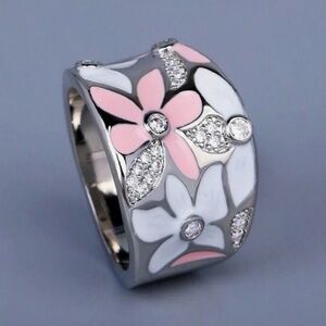 White & Pink Enamel Cubic Zirconia Pave Flower Power, Designer Ring size 8